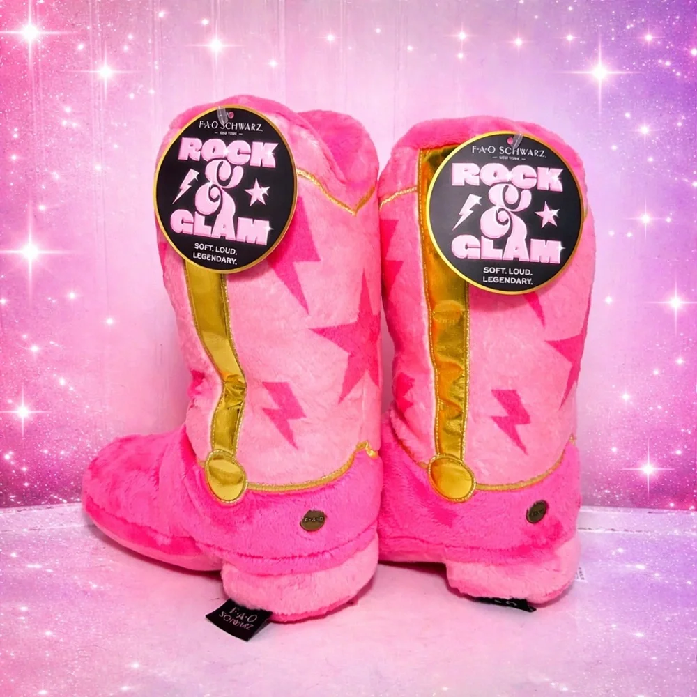 Set of 2 Pink Glam Cowboy Boot Plush FAO Schwarz 10" LIMITED EDITION NWT - Picture 2 of 11